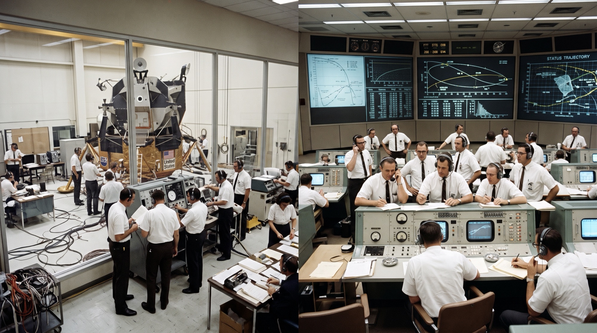Apollo-era engineers working on a lunar module replica and at Mission Control consoles