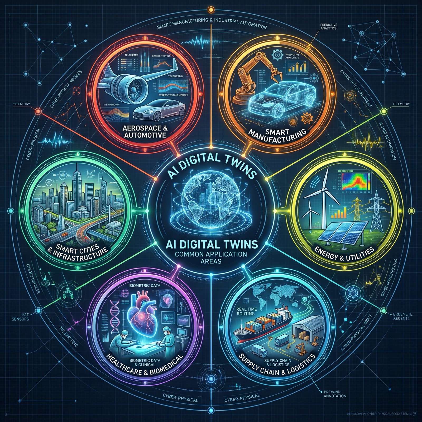 Wheel of six AI digital twin application areas around a central globe