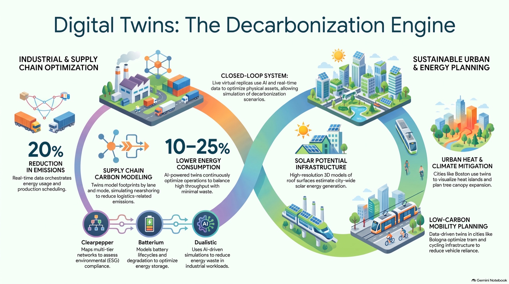 Infographic: Digital Twins — the decarbonization engine, linking industrial and supply chain optimization with sustainable urban and energy planning