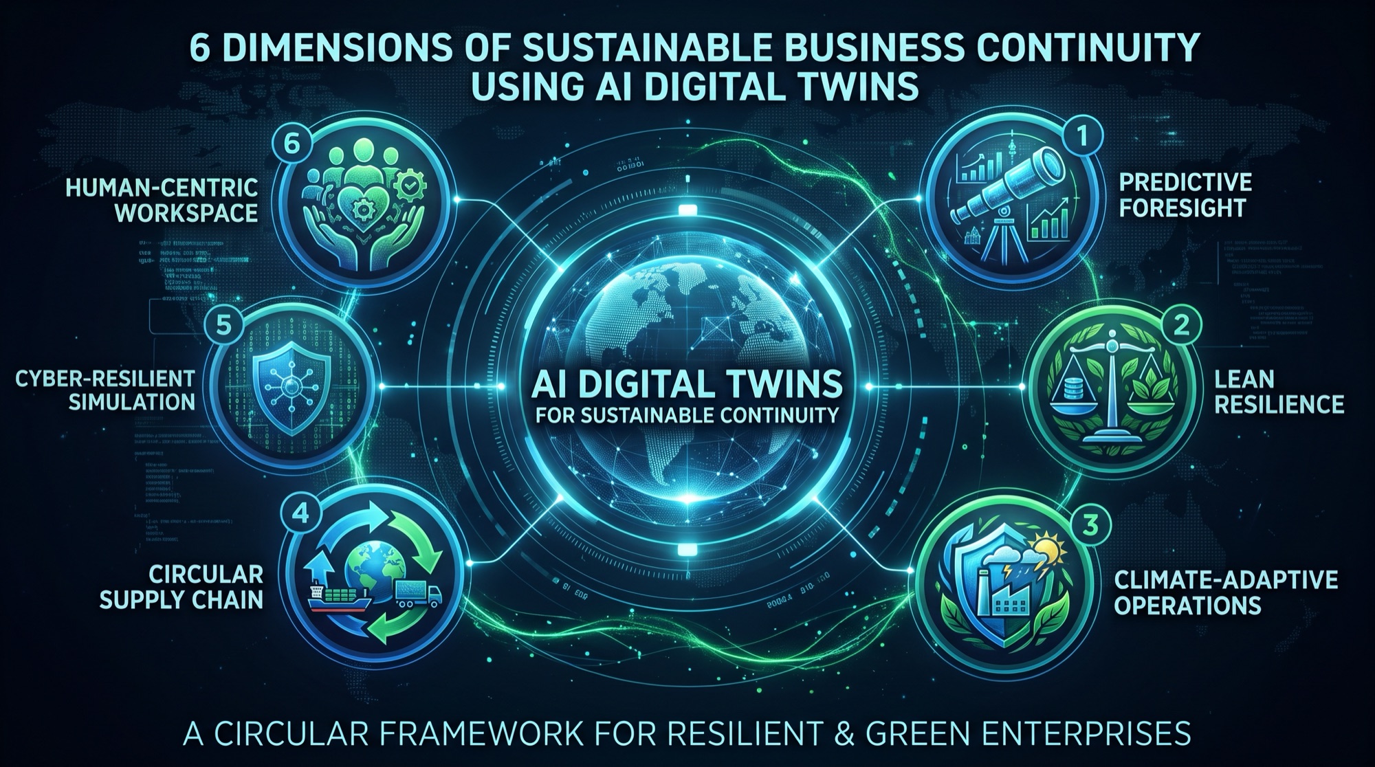 Six dimensions of sustainable business continuity arranged around a central AI digital twin globe